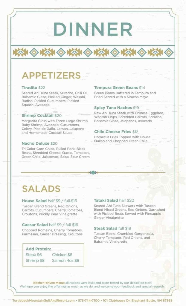 turtleback mountain dinner menu page 1