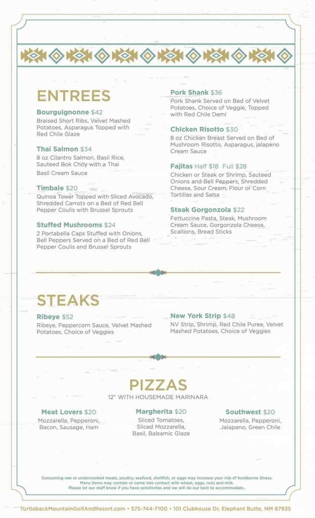 turtleback mountain dinner menu page 2
