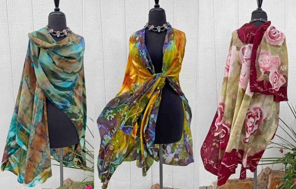custom dyed silk wraps by sandy hopper of grasshopper silks elephant butte nm