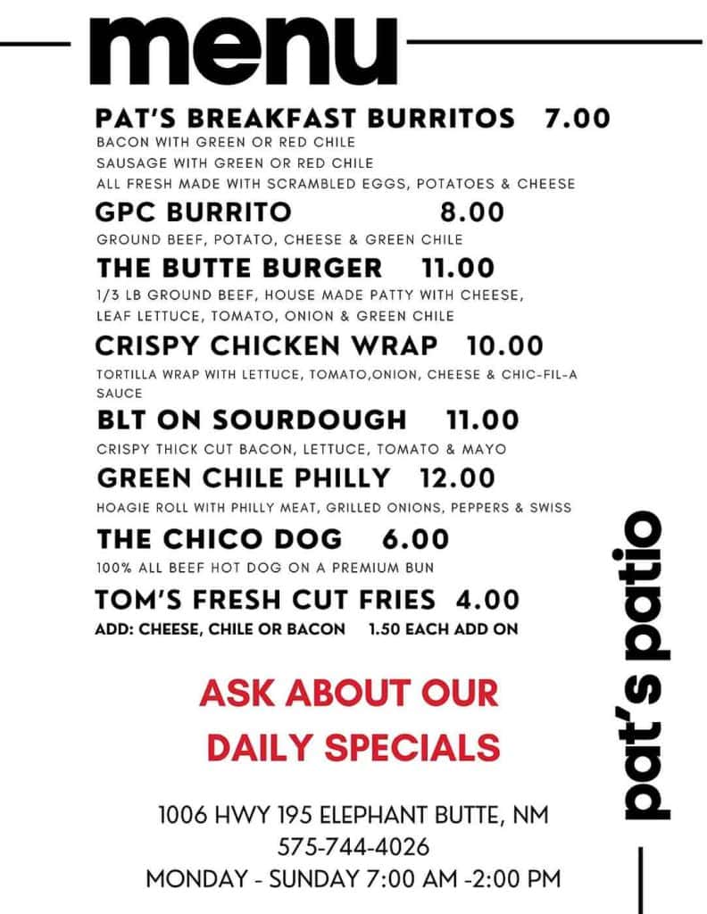 pats patio menu