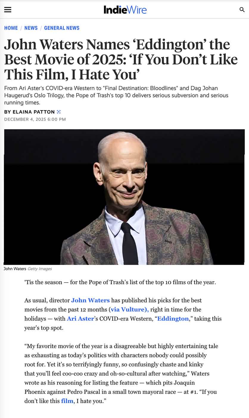 john waters eddington best film of 2025