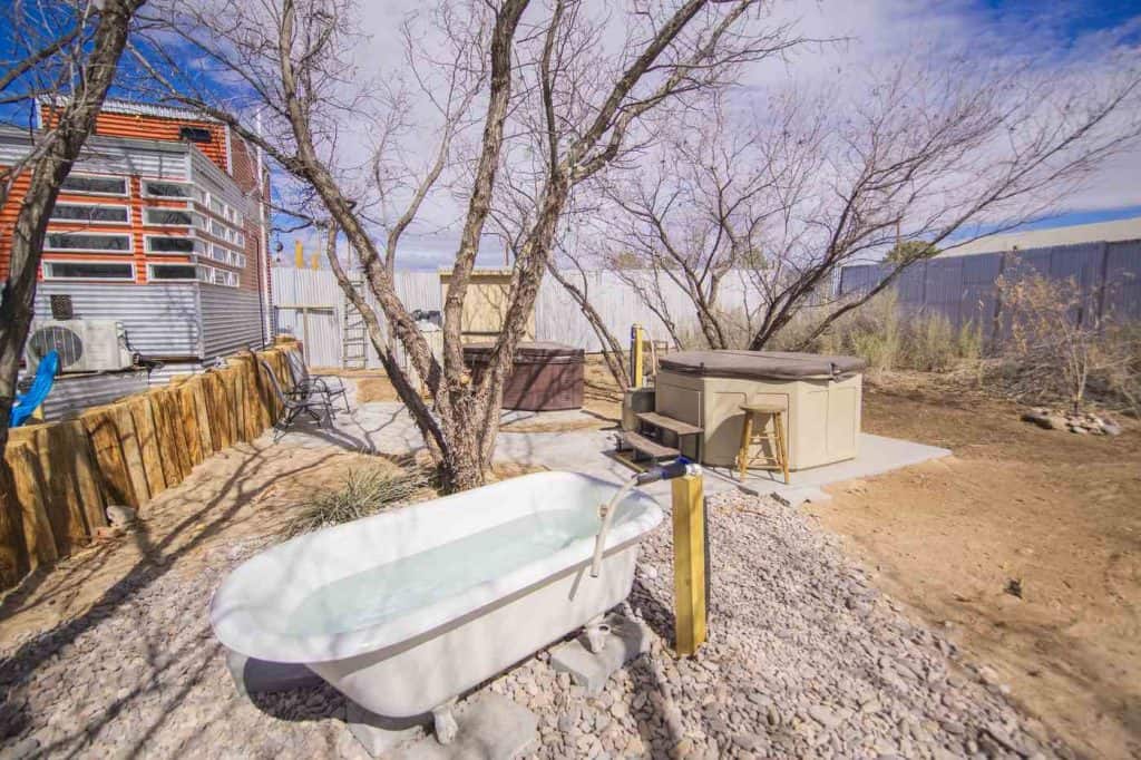 outdoor mineral bath in a clawfoot tub