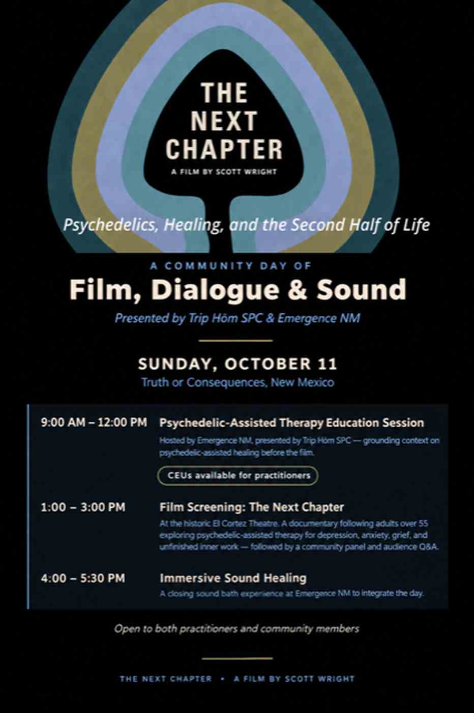 the next chapter - an educational event about mushroom therapy, film screening and sound bath in Truth or Consequences